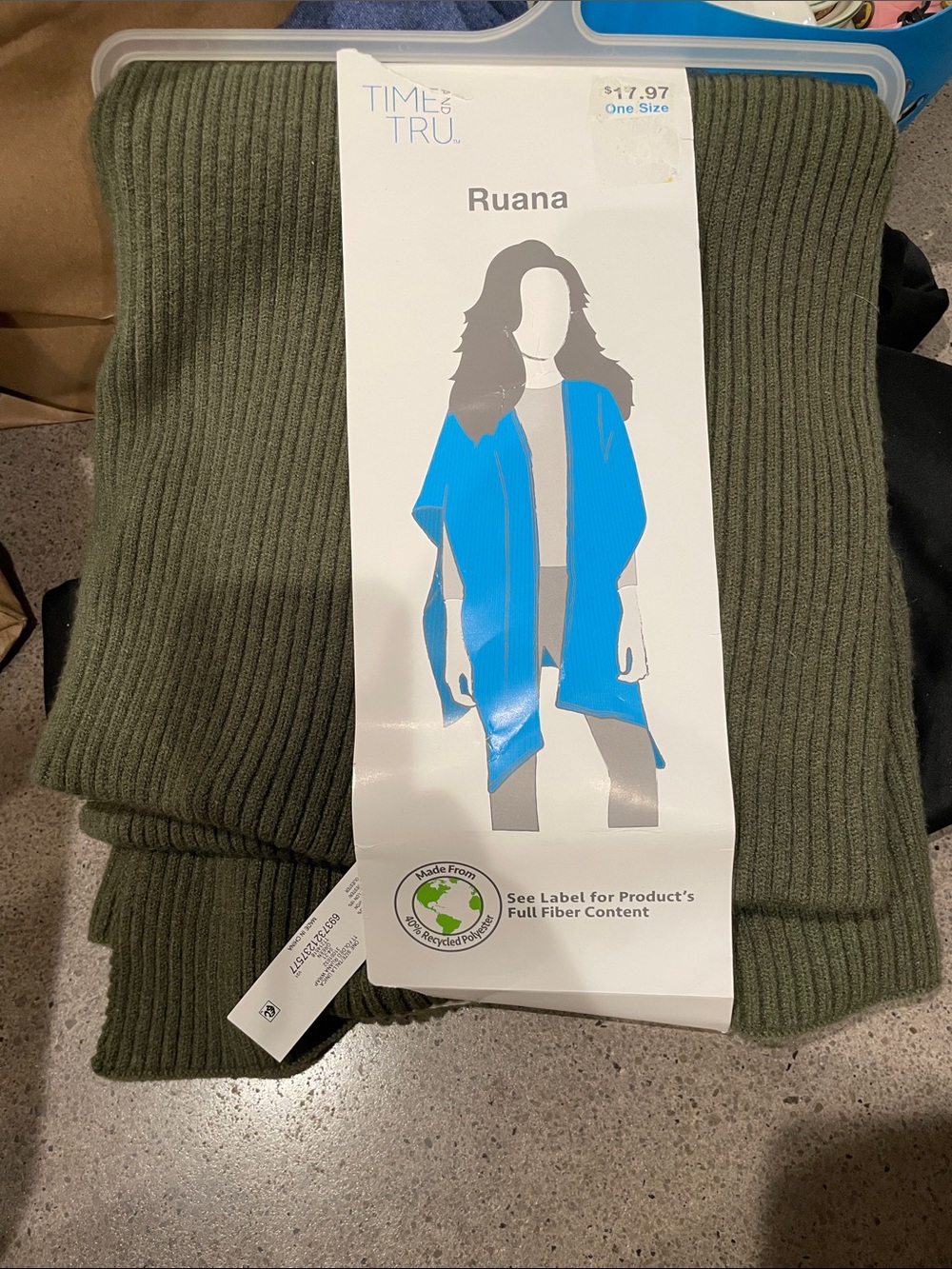 Time and Tru Olive Ribbed Ruana Open-Front Wrap